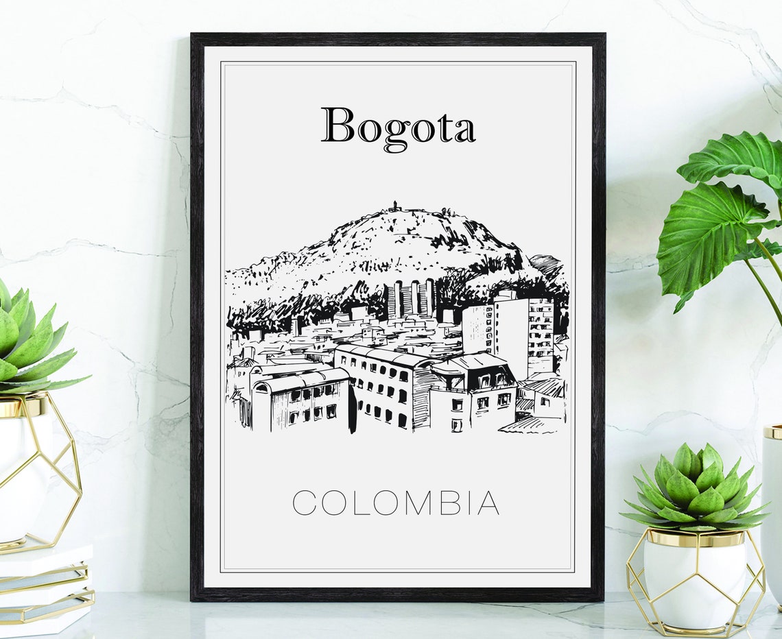 Bogota Colombia Monserrate Hill Hand Drawn Ink Sketch Travel Poster