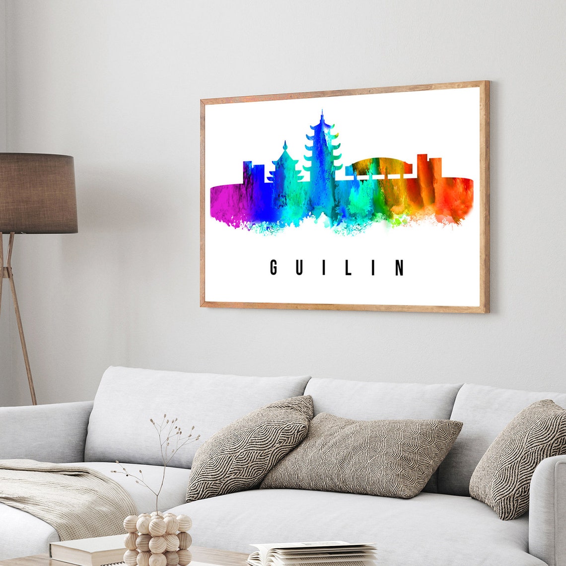 Guilin China Rainbow Watercolor Skyline Pagodas Cityscape Wall Art - Image 3