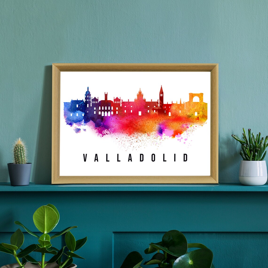 Valladolid Spain Rainbow Watercolor Skyline Silhouette Art Poster - Image 2