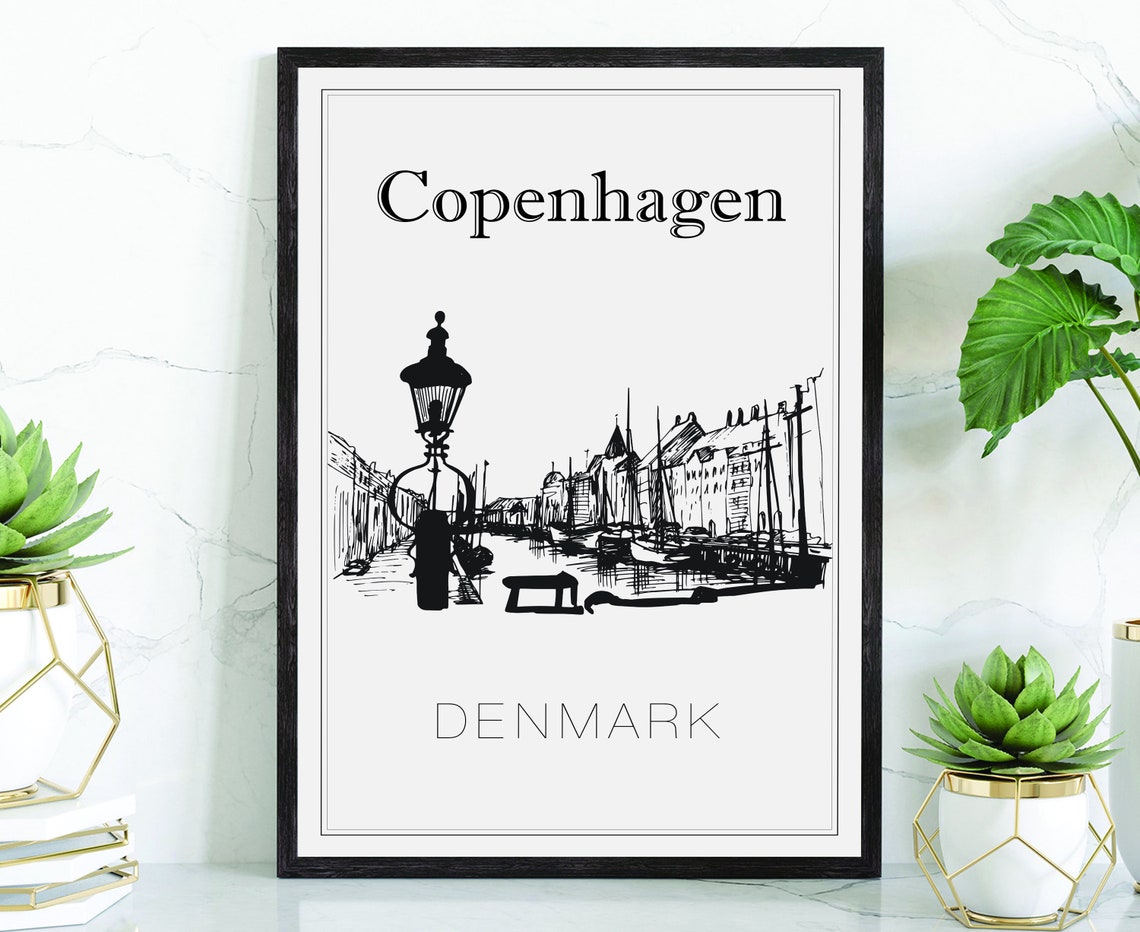 Copenhagen Denmark Nyhavn Harbor Hand Drawn Ink Sketch Travel Poster