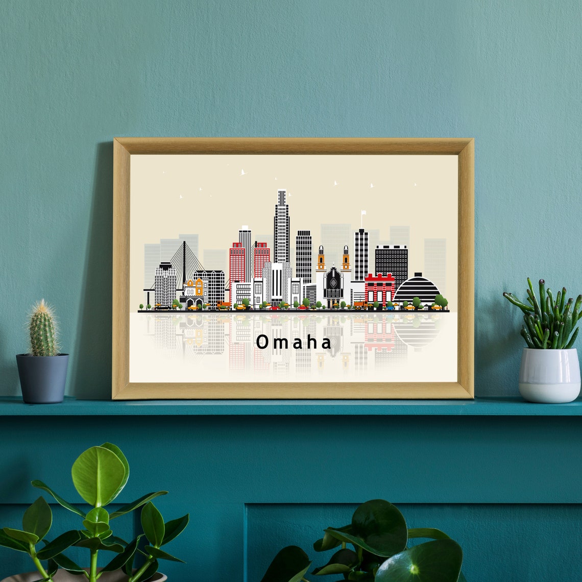 Omaha Nebraska Retro Vector Skyline Water Reflection City Poster - Image 2