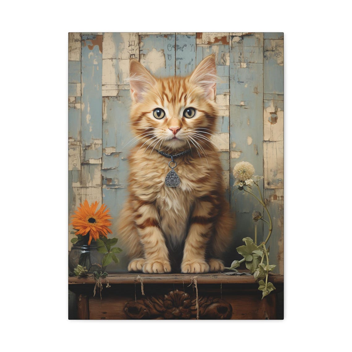 Orange Tabby Kitten Green Eyes Rustic Vintage Cat Portrait Poster