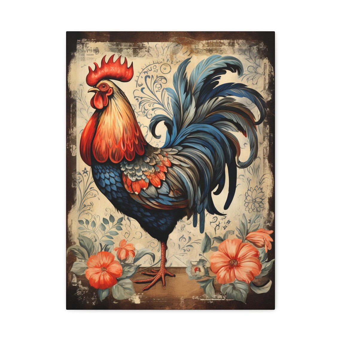 Vintage Rooster With Blue Feathers And Orange Poppies Farmhouse Wall Art