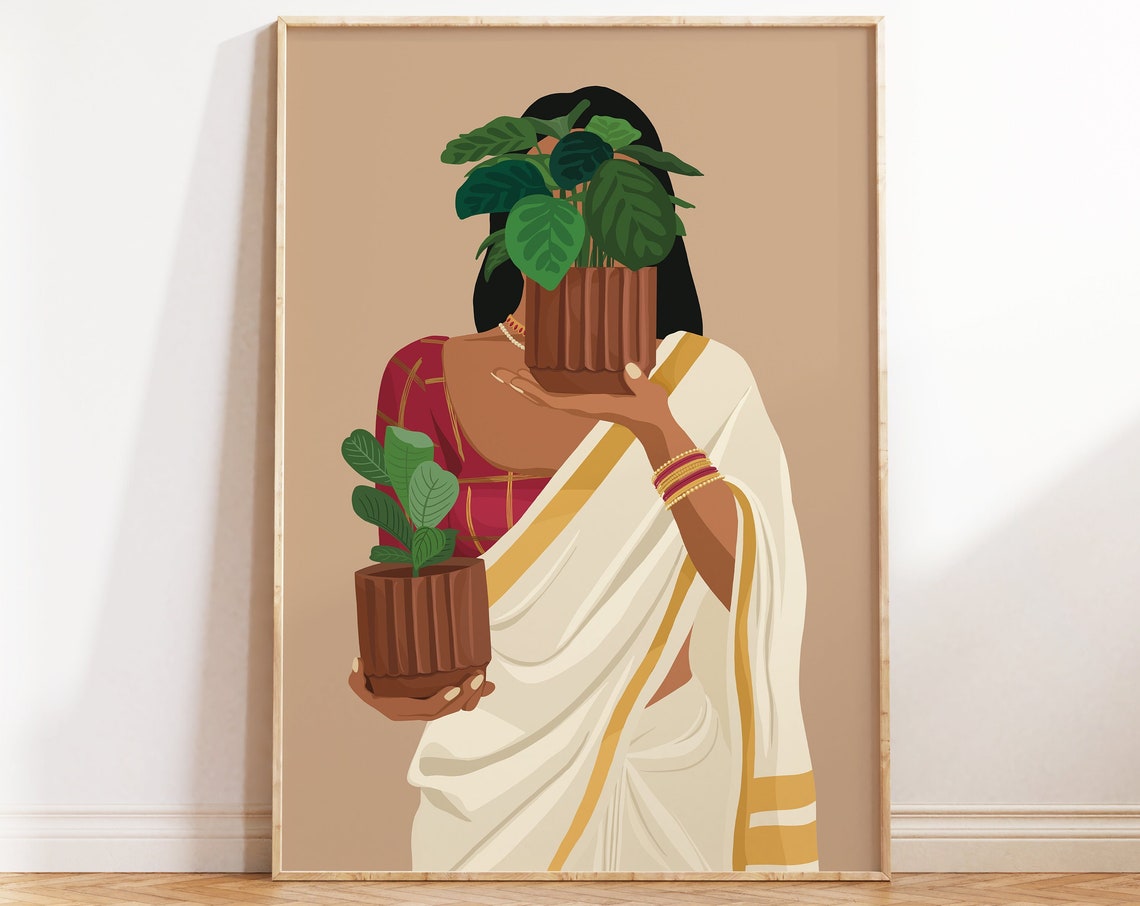 Desi Plant Mom Art Print, Indian Woman Plant Lover
