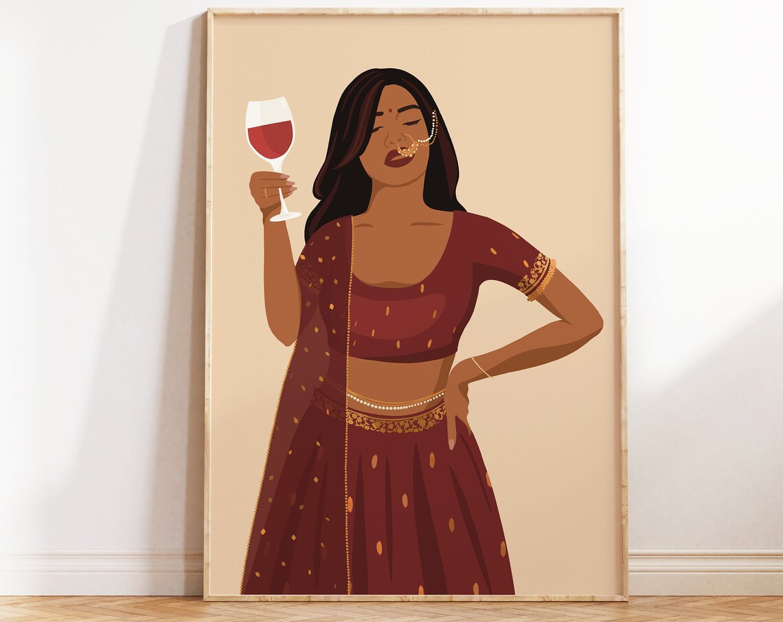 Modern Indian Woman Drinking Art Desi Art Indian Wall Art South Asian Art Partying Art Brown Girl South Asian Prints