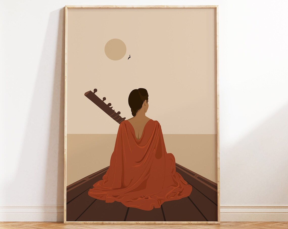 Indian Woman Playing Sitar Art, Desi Music Print