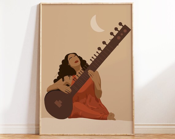 Indian Woman Playing Sitar, Indian Art Print