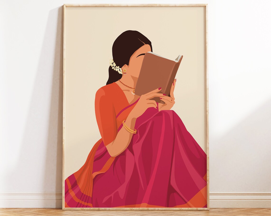 Women in Saree Reading Book, Boho Indian Art Print