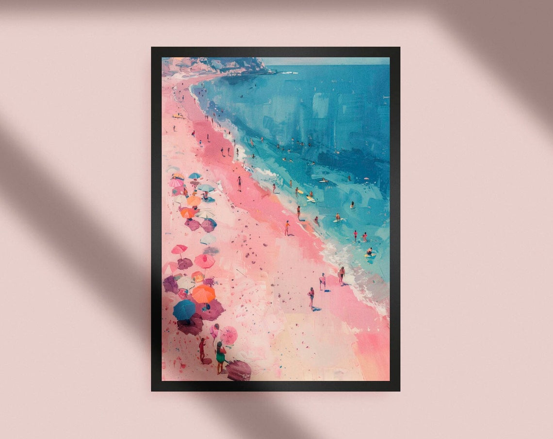 Pink Beach Painting Abstract Coastal Print Preppy Art Decor Wall Oil