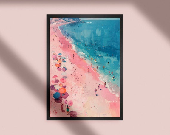 Pink Beach Painting Abstract Coastal Print Preppy Art Decor Wall Oil