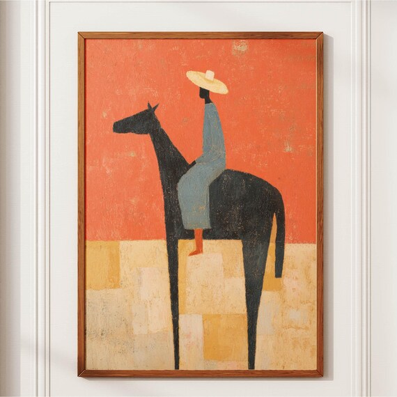 Folk Art Horse Print Lone Rider Western Poster Desert Sunset Wall Decor Coral Pink Mid Century Naive Horseback Painting Wabi Sabi