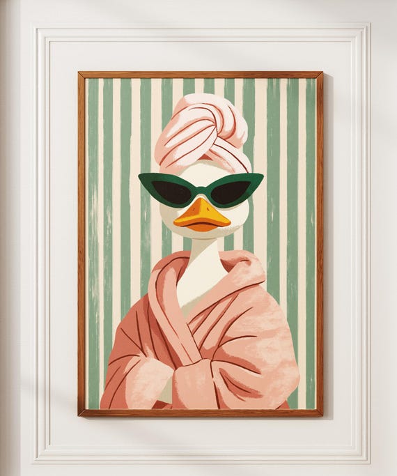 Quirky Duck Pink Towel Print Funny Whimsical Bathroom Wall Art Spa Sunglasses Poster Cute Lover Gift Sage Green Decor