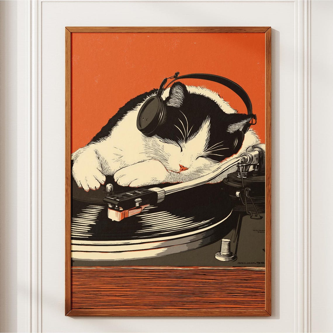 Sleeping DJ Cat with Headphones on Vinyl Record Player Poster