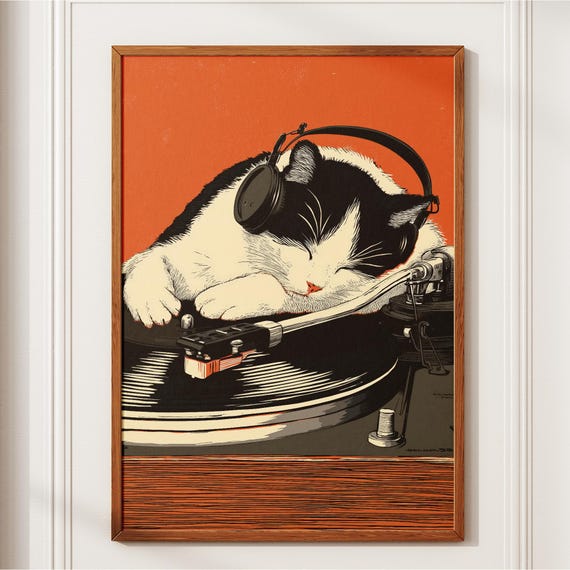 Dj Cat Vinyl Poster Japanese Wall Art Retro Cute Gift For Music Lovers Vintage Record Idea