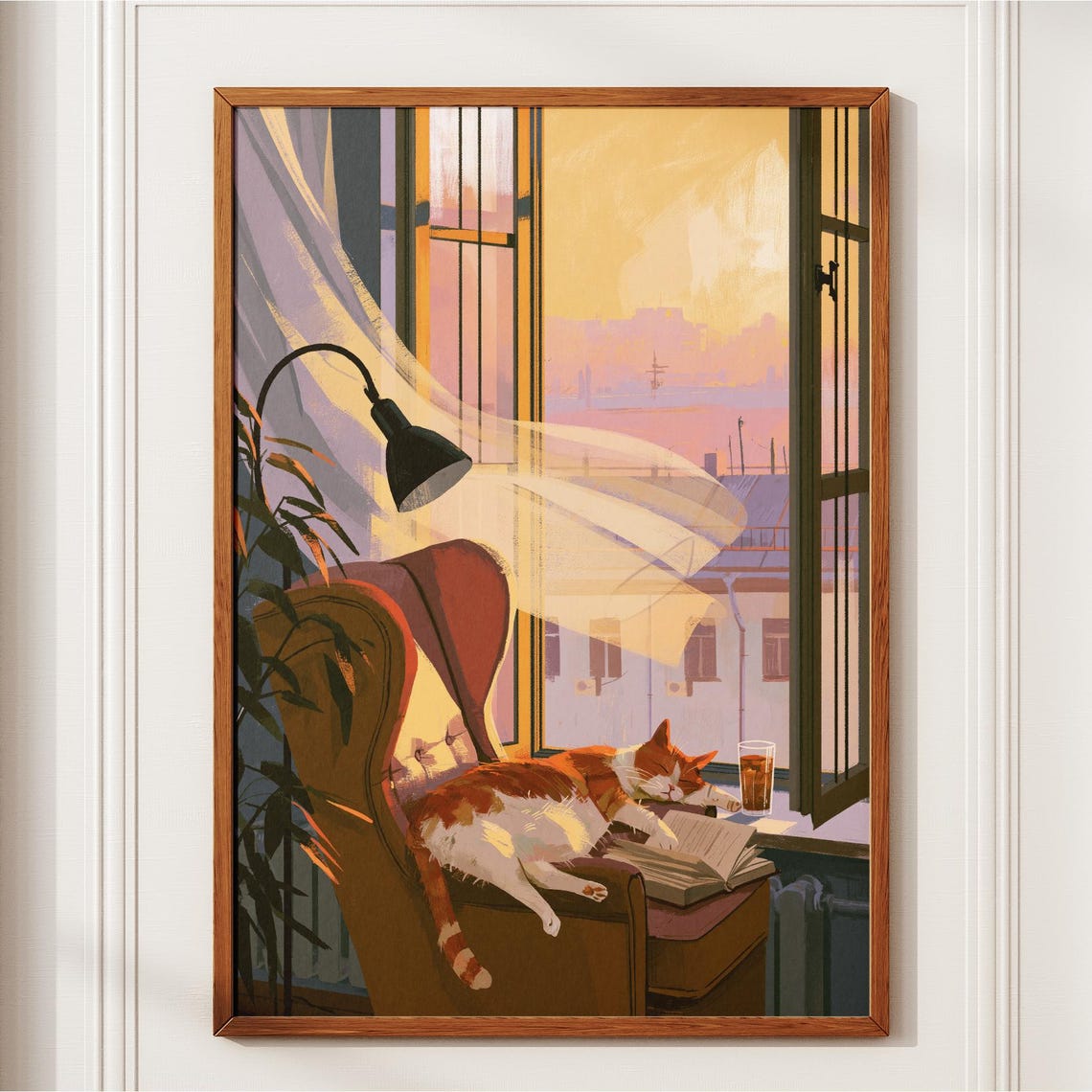Orange Cat Poster Ginger Sleeping Wall Art Cozy Reading Nook Print In Window Book Lover Gift Home Decor