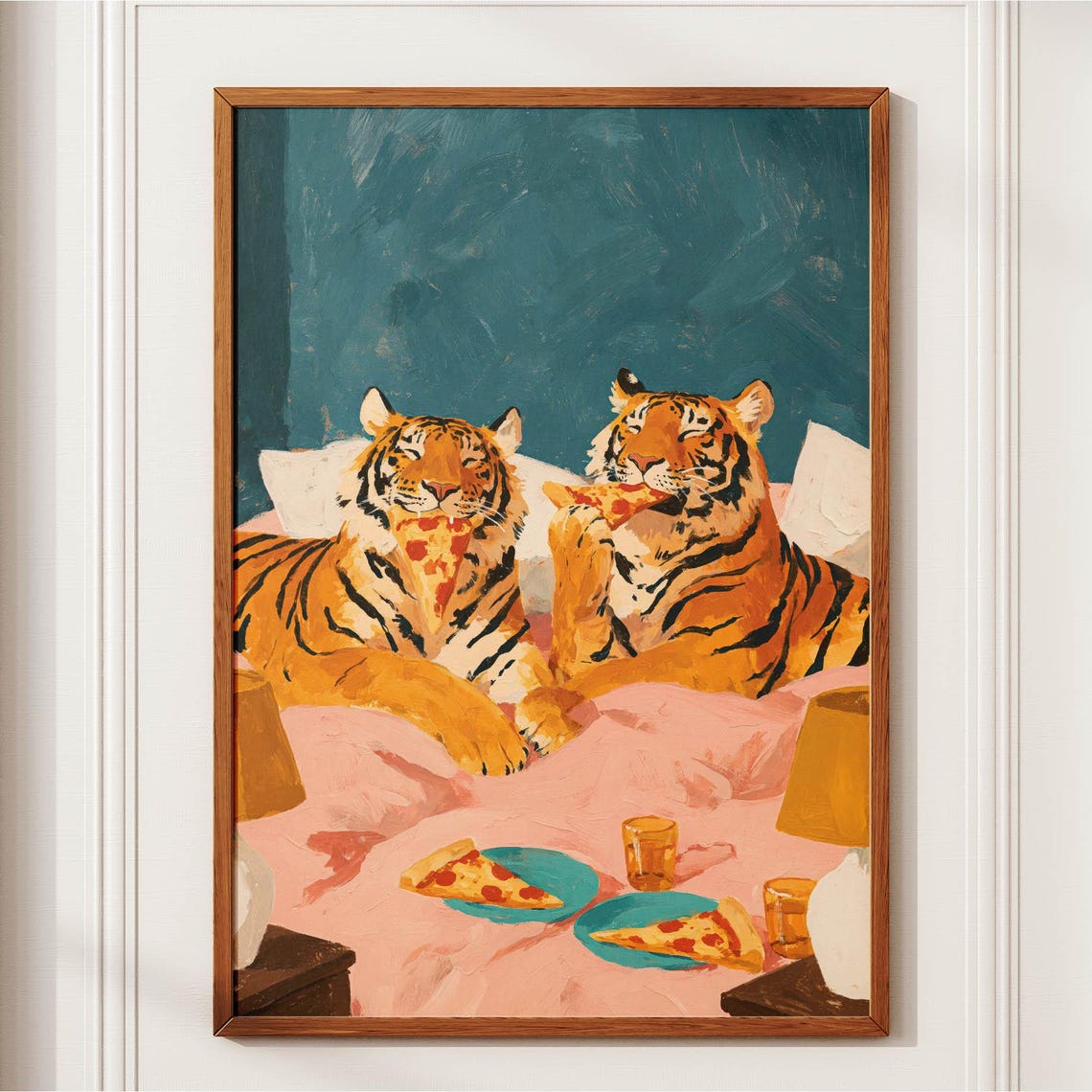 Tiger Wall Art Funny Tigers Eating Pizza Poster Maximalist Colorful Bedroom Print Quirky Whimsical Animal Eclectic Couple Gift