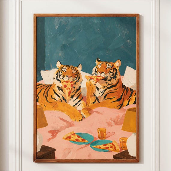 Tiger Wall Art Funny Tigers Eating Pizza Poster Maximalist Colorful Bedroom Print Quirky Whimsical Animal Eclectic Couple Gift