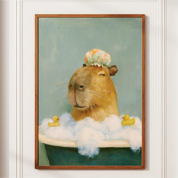 Funny Capybara Bathroom Print In Bathtub Wall Art Bubble Bath Poster Decor Lover Gift Whimsical Animal