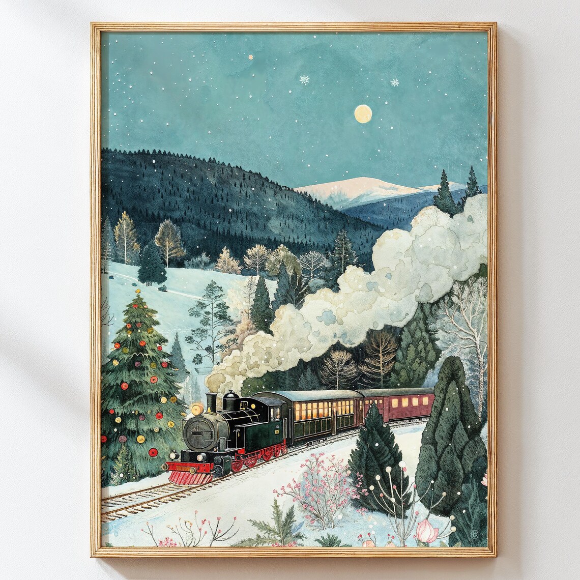 Christmas Steam Train Snowy Mountains Holiday Watercolor Poster