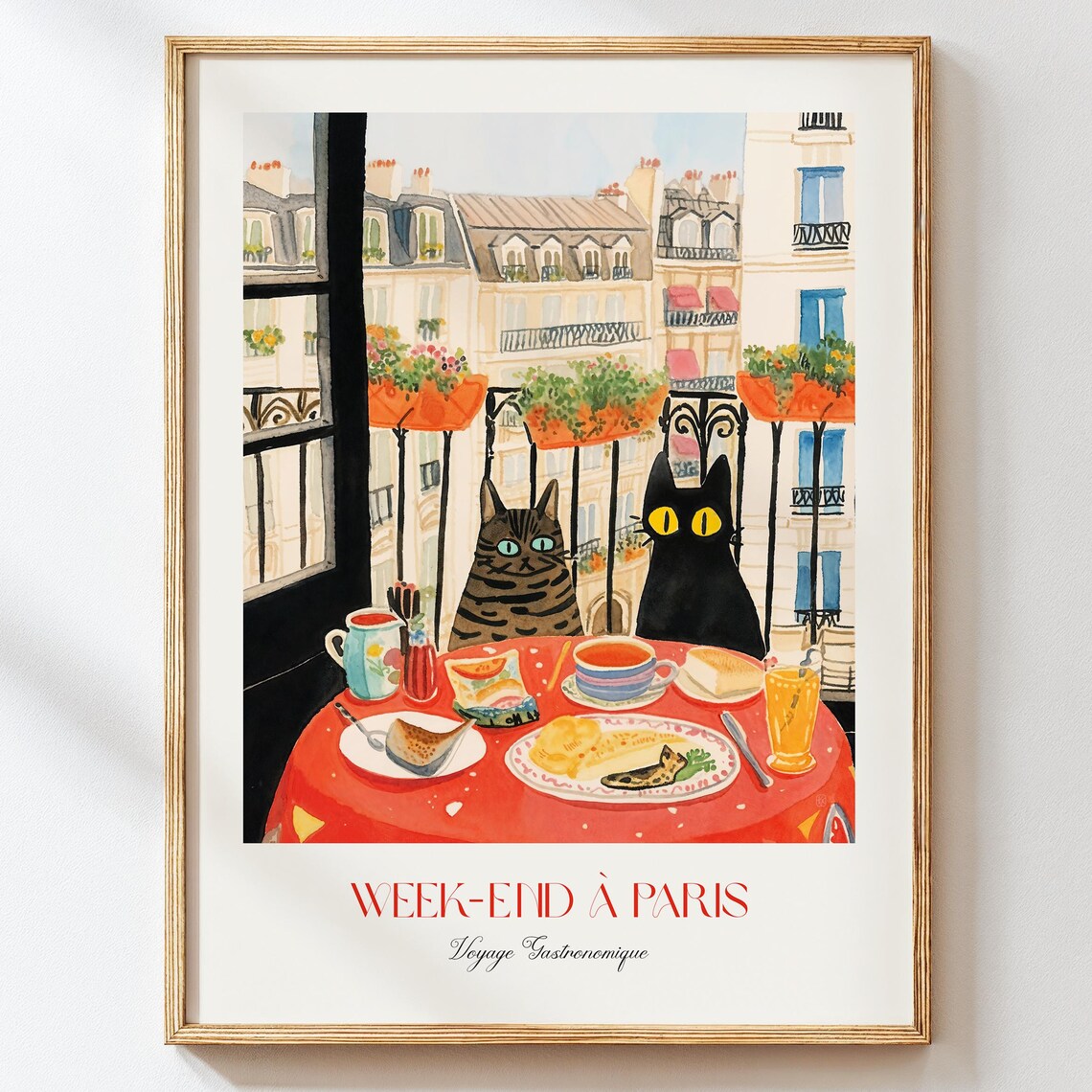 Weekend In Paris Cats, Whimsical Watercolor Art Print