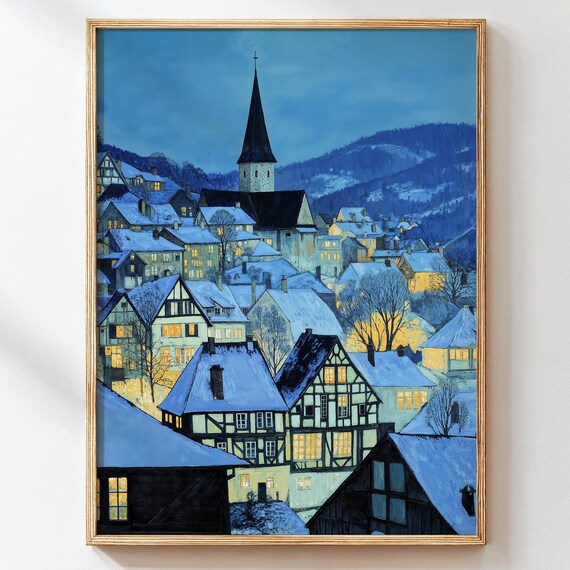 Snowy European Village Night Church Glowing Winter Scene Poster