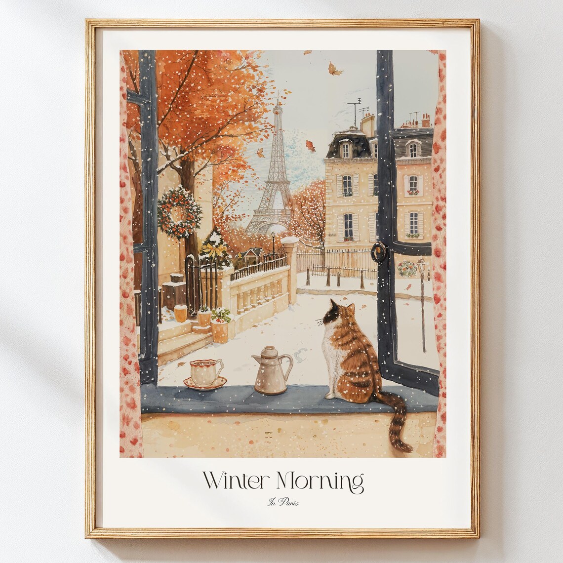 Dreamy Cat Watercolor Parisian Winter Art Print