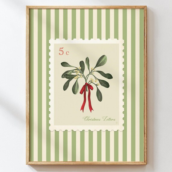 Vintage Mistletoe Christmas Wall Art Holiday Botanical Festive Green Decor