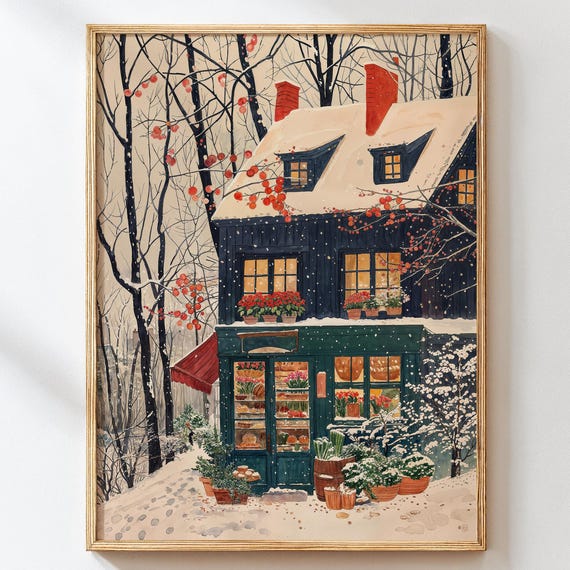 Cozy Winter Bakery Watercolor Art Print, Parisian Christmas