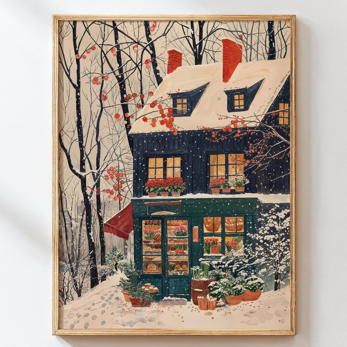 Cozy Winter Bakery Watercolor Art Print, Parisian Christmas