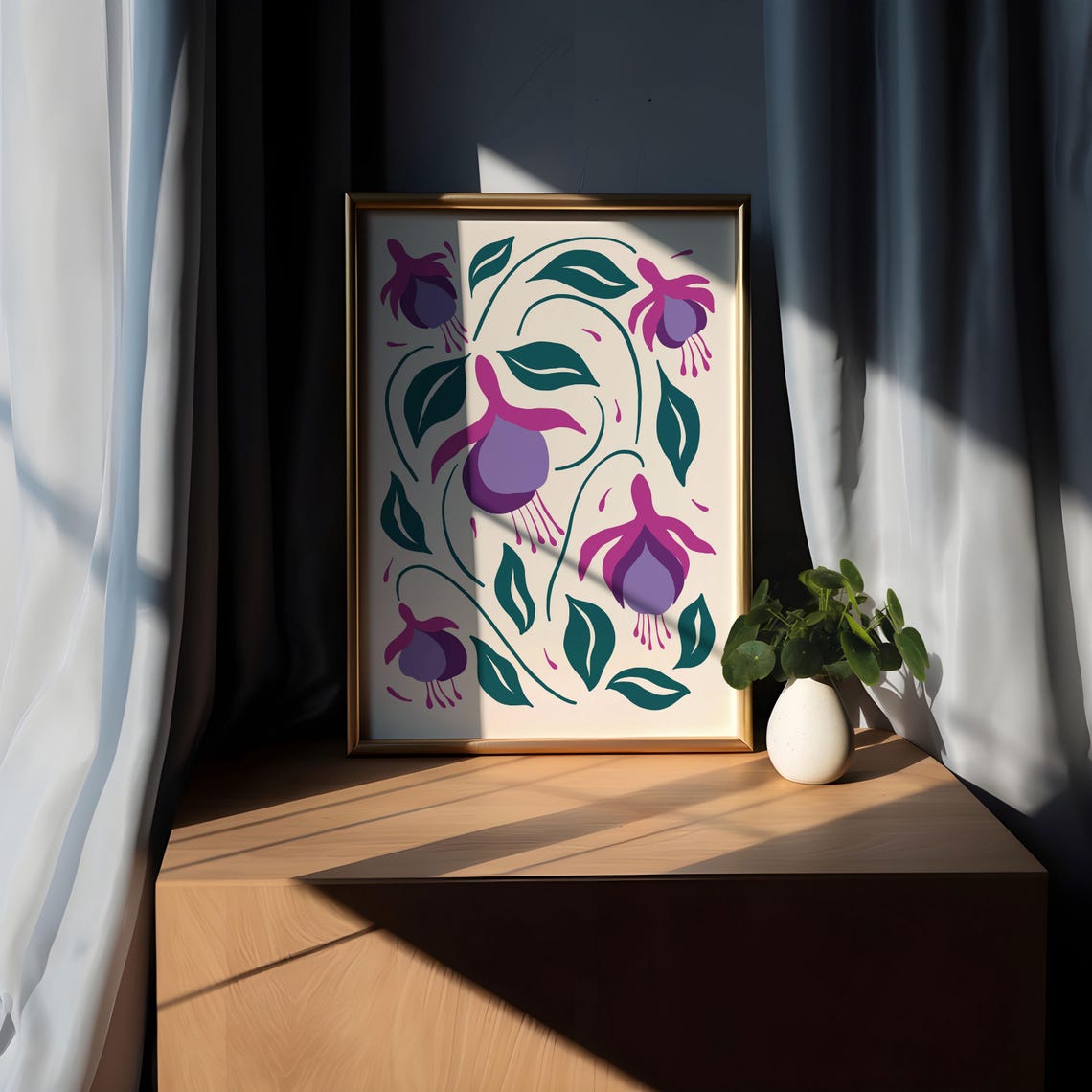 Magenta Fuchsia Blooms on Cream Retro Maximalist Botanical Poster - Image 5
