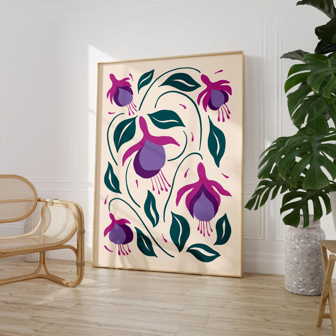 Magenta Fuchsia Blooms on Cream Retro Maximalist Botanical Poster