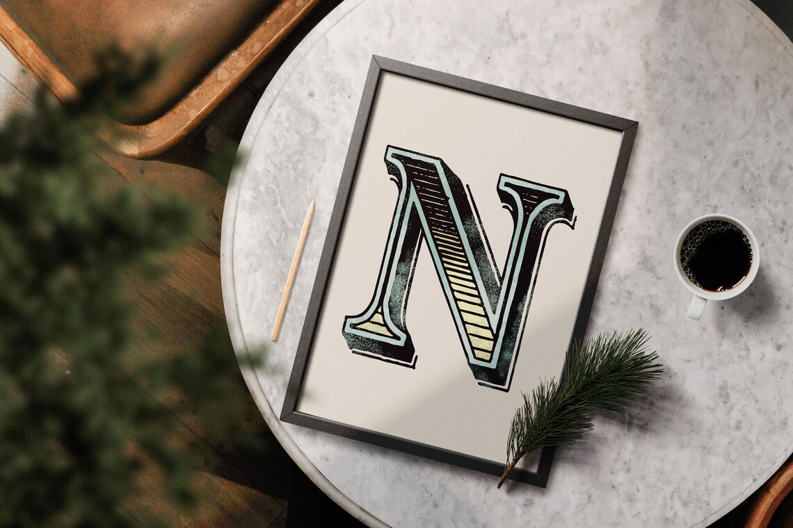 Letter N Mint Black Gold Deco Alphabet Typography Vintage Bedroom Poster - Image 5