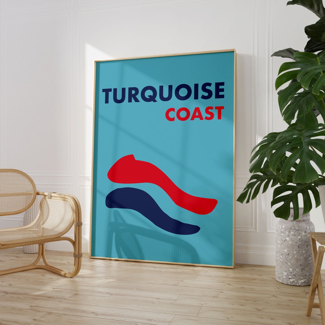 Turquoise Coast Turkey Travel Poster Sky Blue With Red Navy Waves