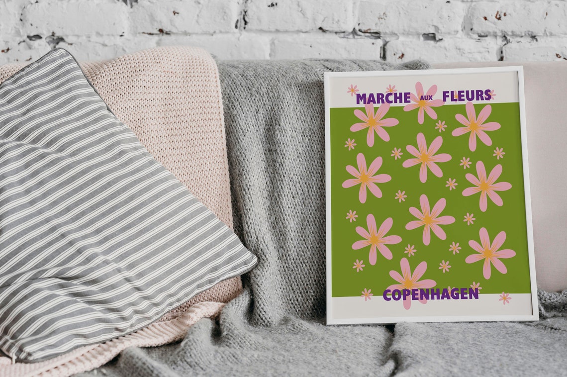 Copenhagen Marche Aux Fleurs Poster Pink Daisies On Green Floral Art - Image 3