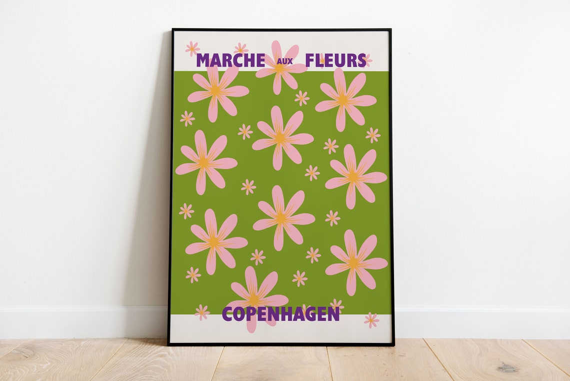 Copenhagen Marche Aux Fleurs Poster Pink Daisies On Green Floral Art - Image 2