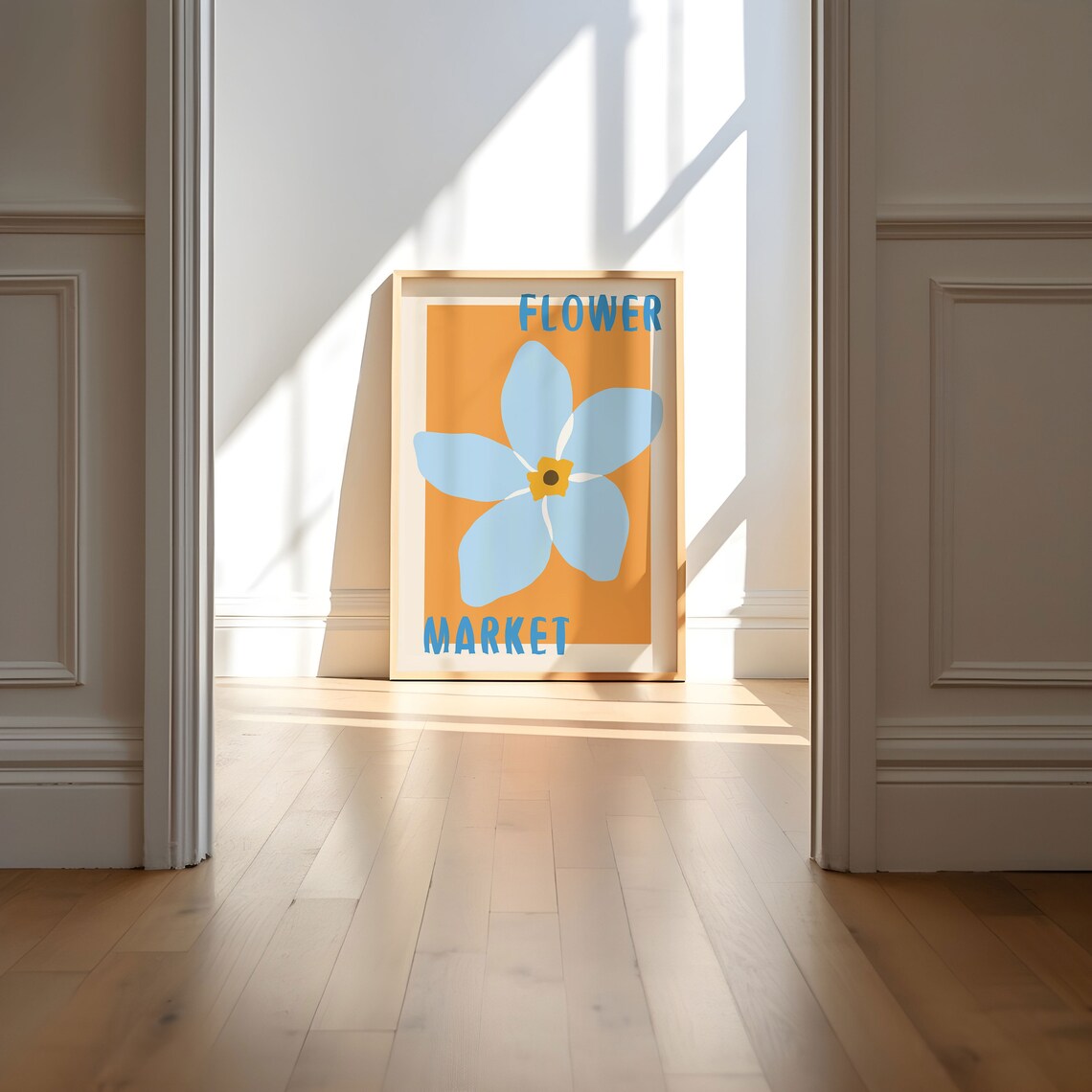 Blue Flower with Golden Center on Orange Vintage Market Poster - Image 5
