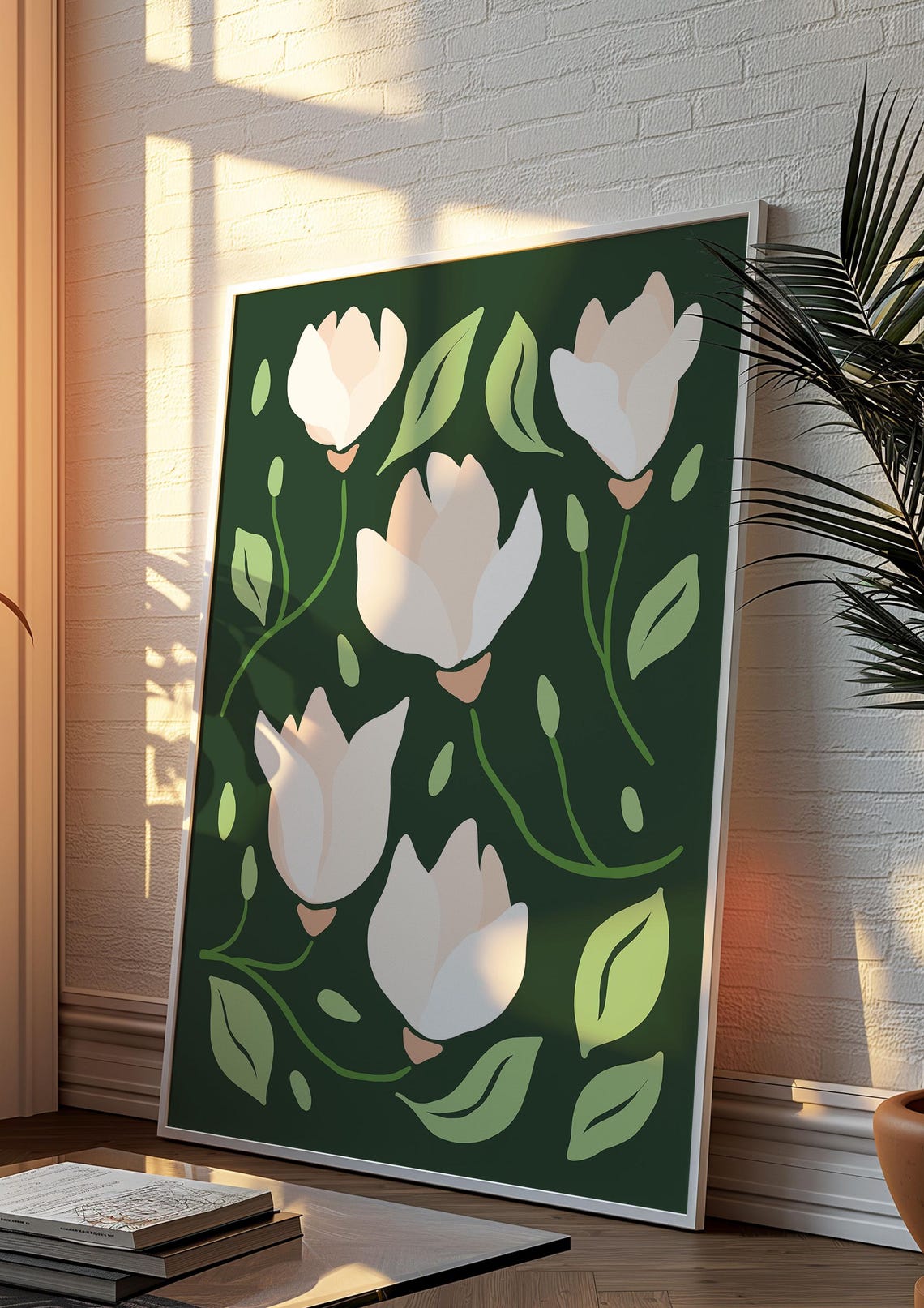 Dramatic White Magnolia Botanical Poster on Dark Green Background - Image 3