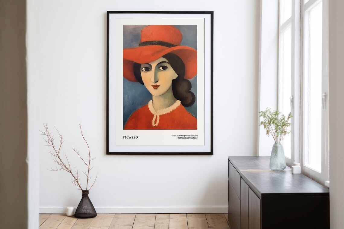 Red Hat Woman Portrait in Modernist Picasso Art Style Poster - Image 2