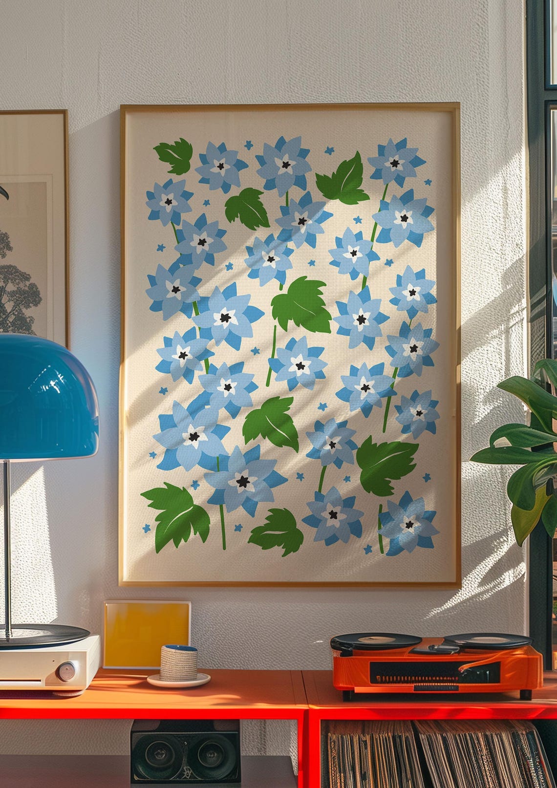 Blue Wildflower Botanical Poster with Green Leaves on Cream Background - Image 4