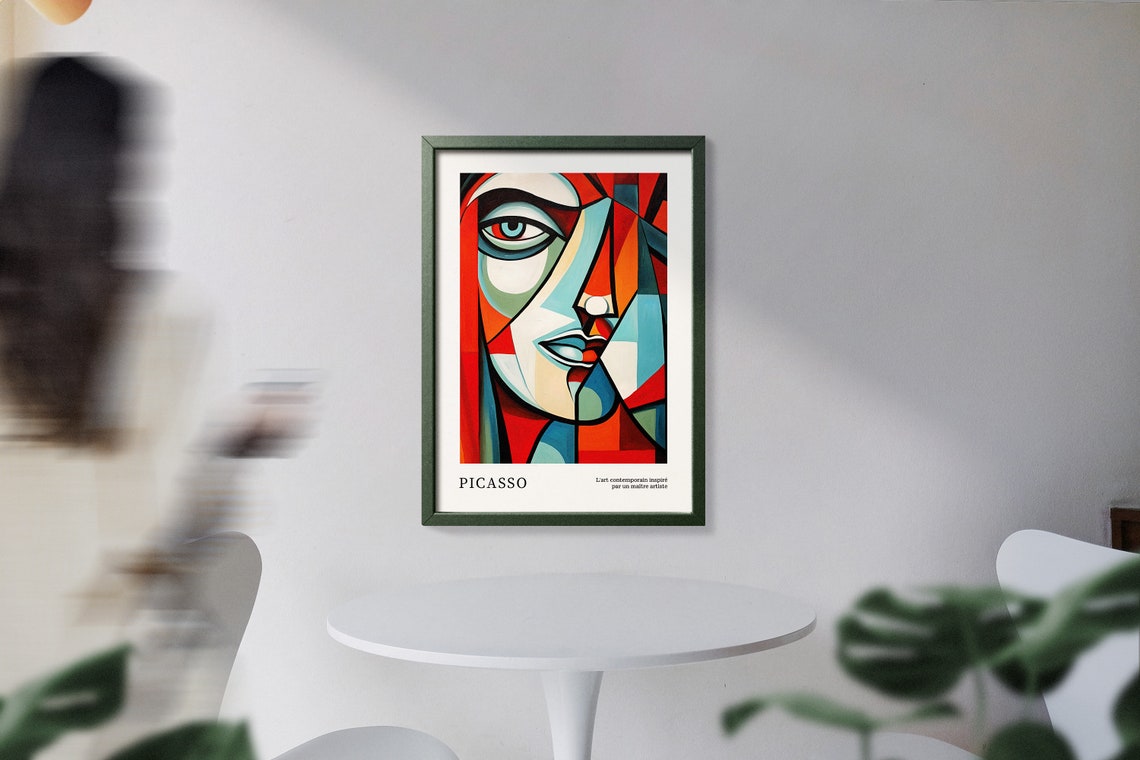 Red and Teal Fragmented Cubist Face in Modernist Picasso Style Poster - Image 5