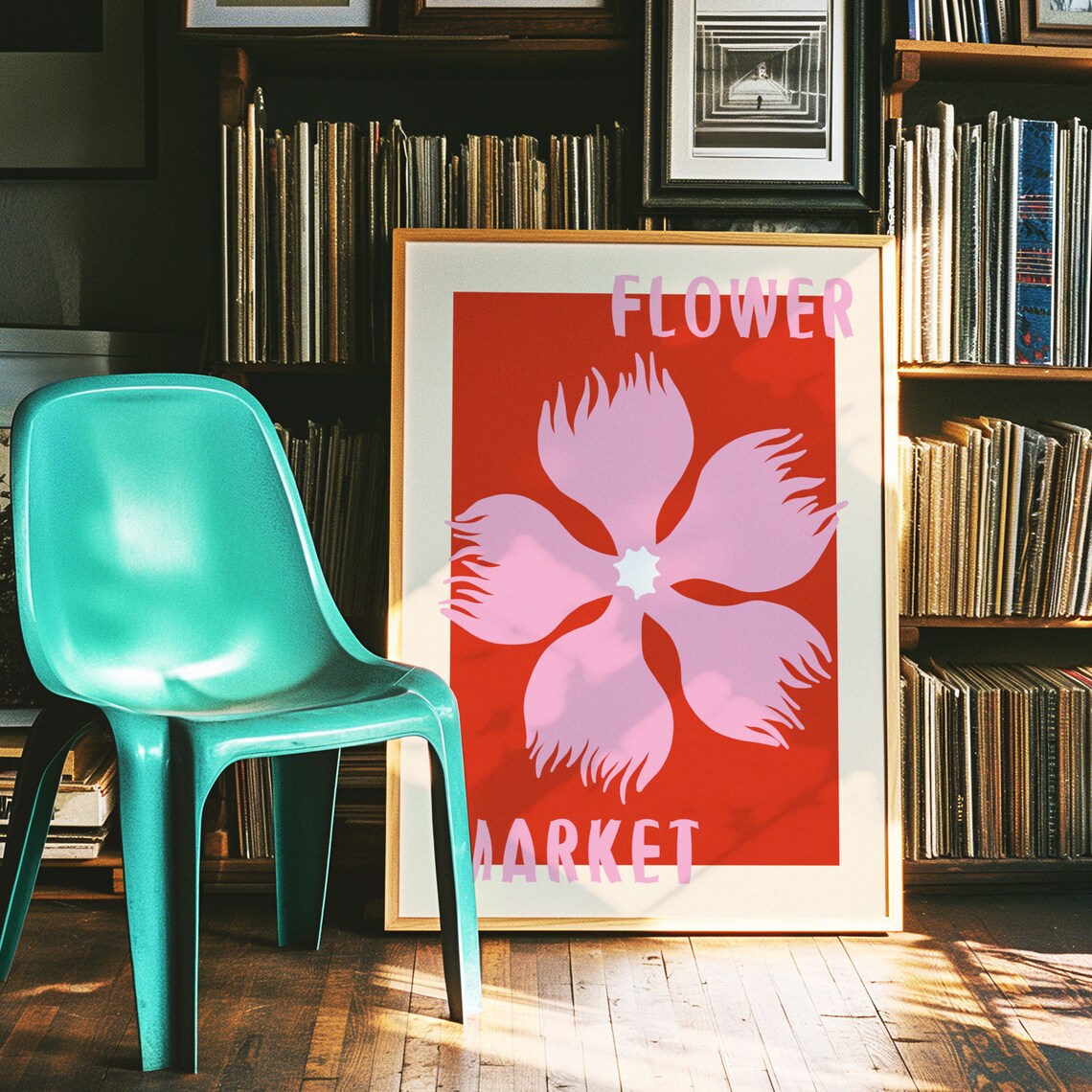 Pink Fringed Flower on Fiery Red Retro Flower Market Art Poster - Image 4