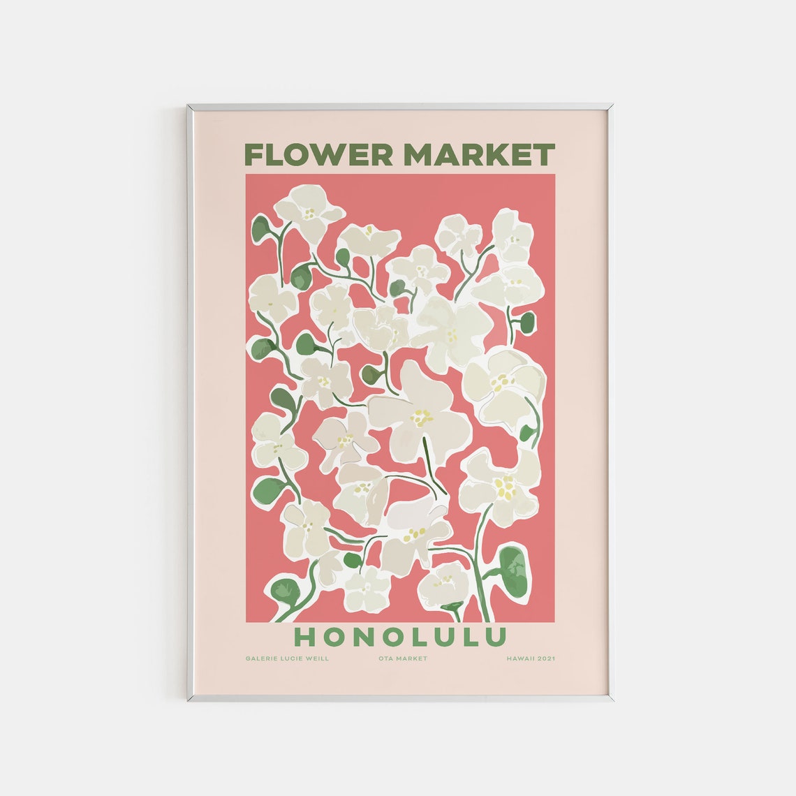 Honolulu Flower Market Poster White Orchids On Coral Tropical Art