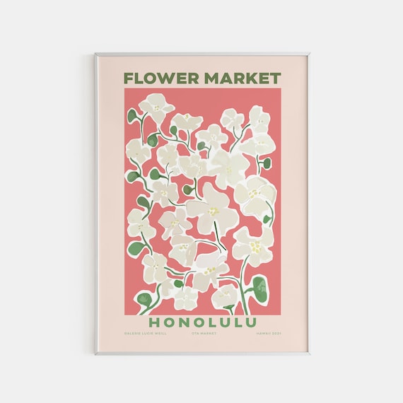 Honolulu Flower Market Poster White Orchids On Coral Tropical Art