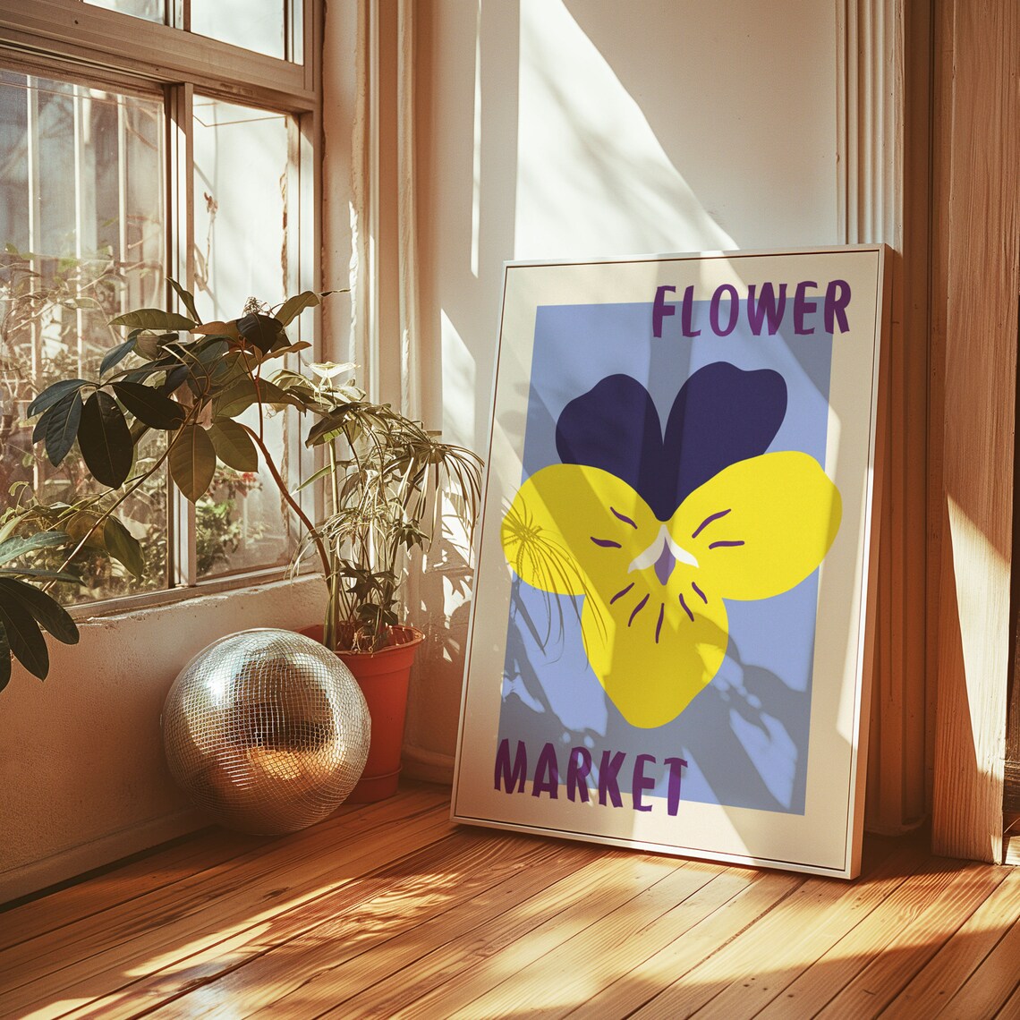 Yellow and Purple Pansy on Blue Vintage Flower Market Art Poster