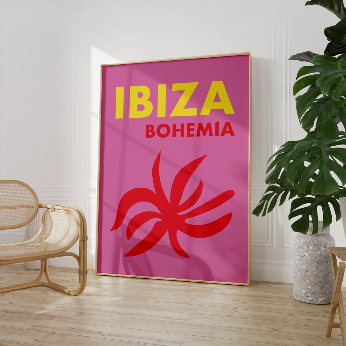 Ibiza Bohemia Pink Red Floral Graphic Bold Spain Travel Poster