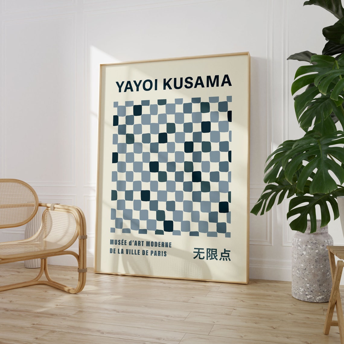 Yayoi Kusama Style Dusty Blue Checkerboard Hand Drawn Grid Poster