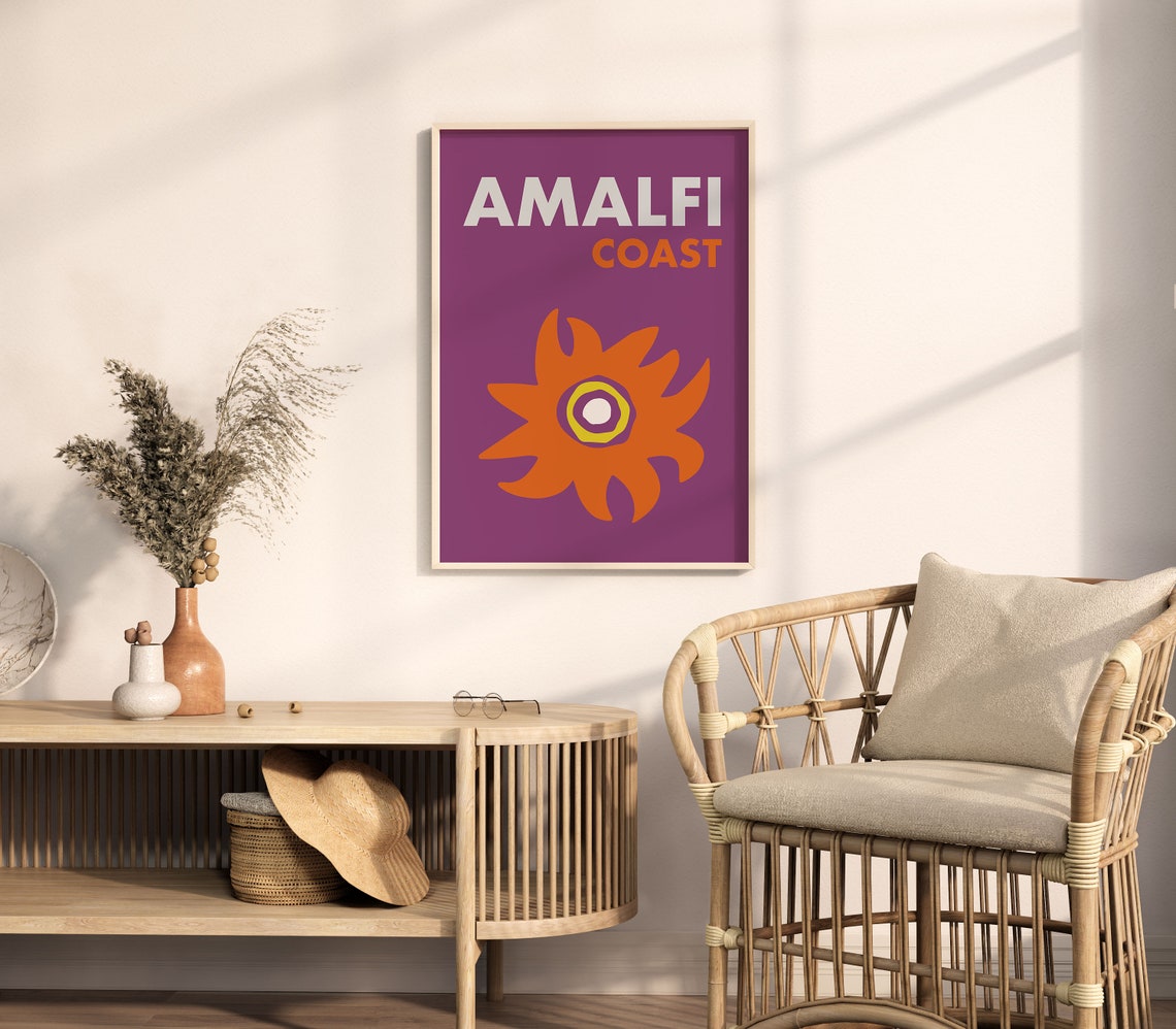Amalfi Coast Purple Orange Sun Graphic Modern Italy Travel Poster - Image 5