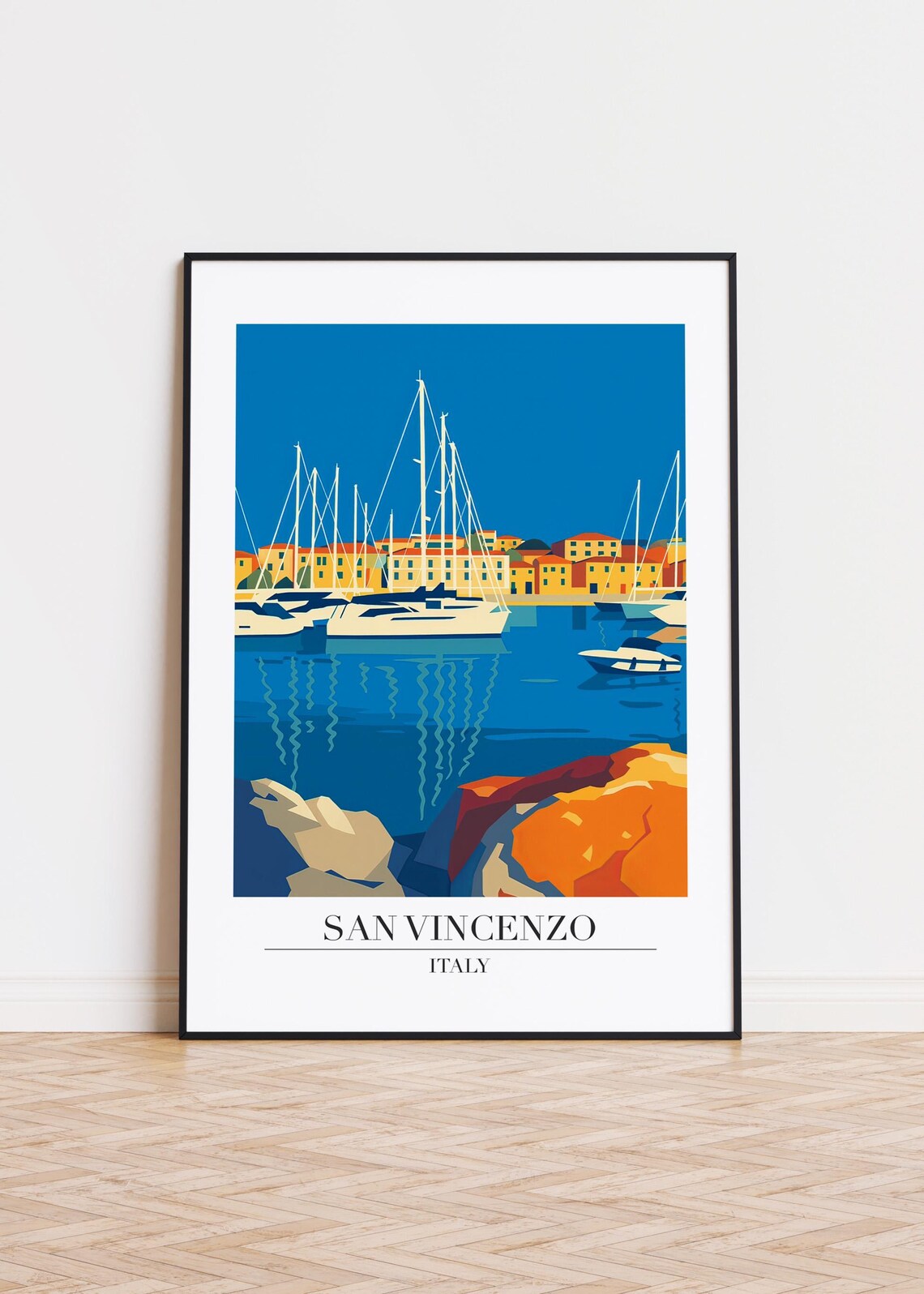 San Vincenzo Italy Sailboat Marina Blue Water Coastal Travel Poster