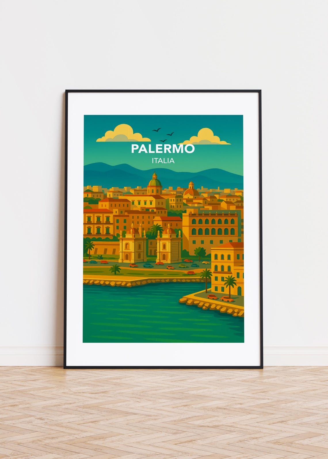 Palermo Italy Sicily Harbor Domes Mountains Retro Travel Art Poster