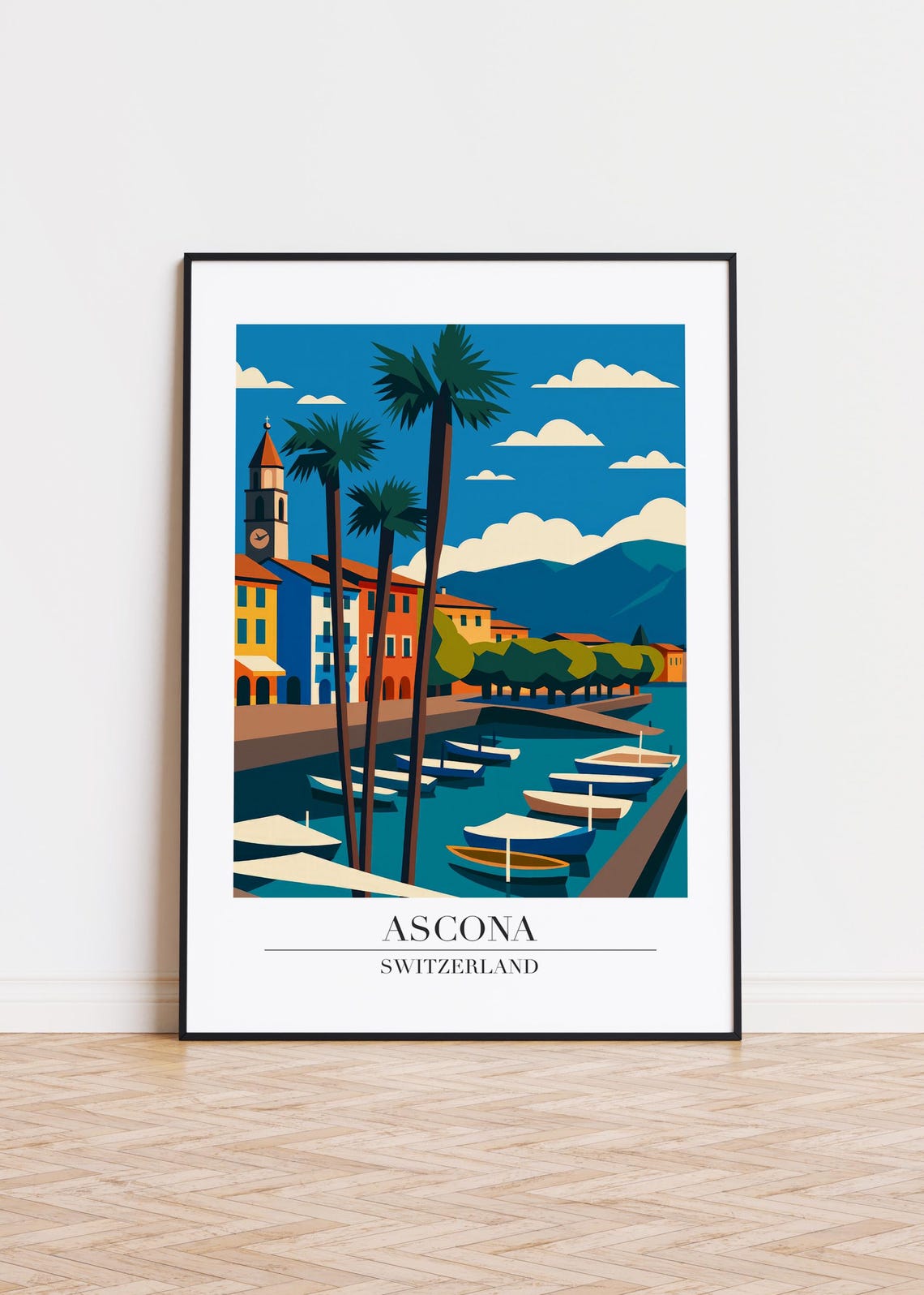 Ascona Switzerland Lakeside Palm Trees Vintage Travel Poster